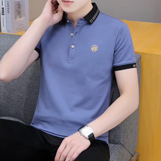 Fat Donglai summer clothes solid color lapel short-sleeved T-shirt men's trendy versatile casual loose top Black QY682 M