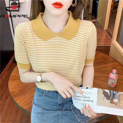 Col de poupée à rayures Aemape à manches courtes à manches courtes 2025 Été Nouveau pull de soie de glace T-shirt mince T-shirt Small Age-Reduicing Top DX691 # Yellow M Recommandé 100-120jin [Jin est égal à 0,5 kg]