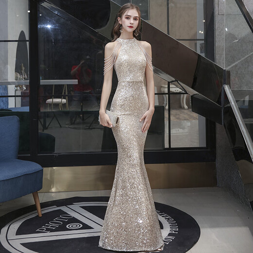 Ancient Champions League evening dress for women, high-end banquet temperament, heavy industry fishtail long dress, light luxury niche high-end annual meeting host engagement, apricot M high-quality stretch version