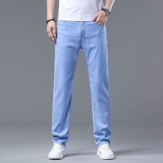 Seven Wolves New Lacele Tennis 2025 Summer Thin Jeans Men's High Waist Loose Straight Elastic Business Men's Pants Blue [DNS.9903] 36