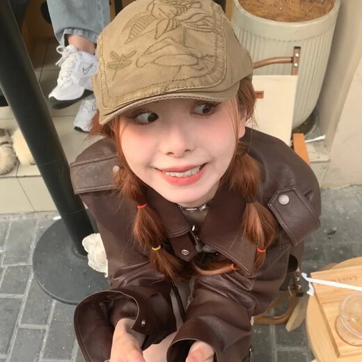 啄木鸟英伦复古文艺主播帽辣妹荷花刺绣前进帽子做旧甜酷少女贝雷帽女 灰色 M 52-56c