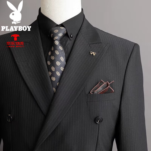 Playboy 2025 Winter Striped Suit Suit Men's British Slim Business Formal Suit High-end Groom Wedding Dress Deep Blue XL 52