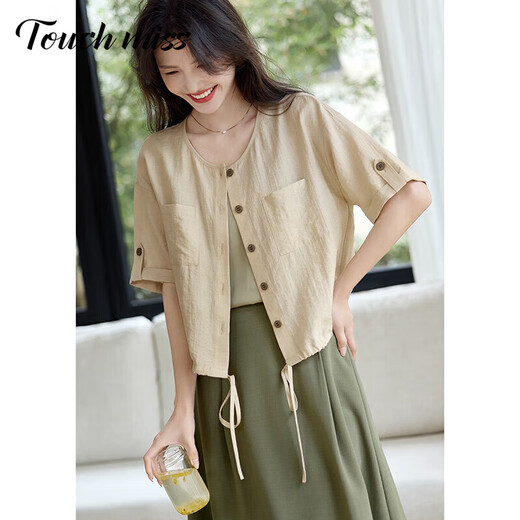 Tachi Miss Little Lazy Style Short Jacket Women 2025 Summer New Round Neck Versatile Casual Thin Cardigan Top Women Khaki M