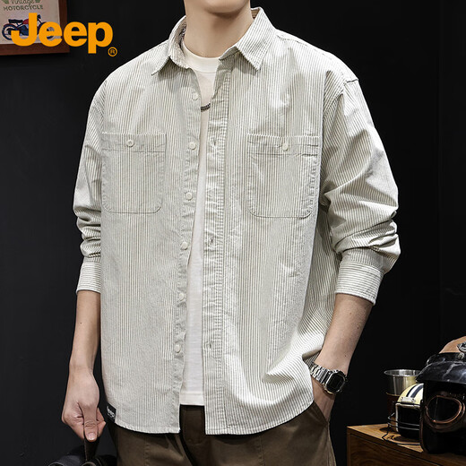 Jeep (JEEP) shirt men's long-sleeved spring and autumn striped loose casual workwear jacket clothes men's white XL
