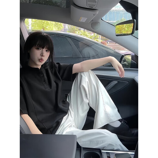 杜小闲 黑色亨利领短袖polo衫男款痞帅高级感美式正肩t恤boxy拼接半截袖 黑色 90%买家选择 XL [推荐120-140斤]