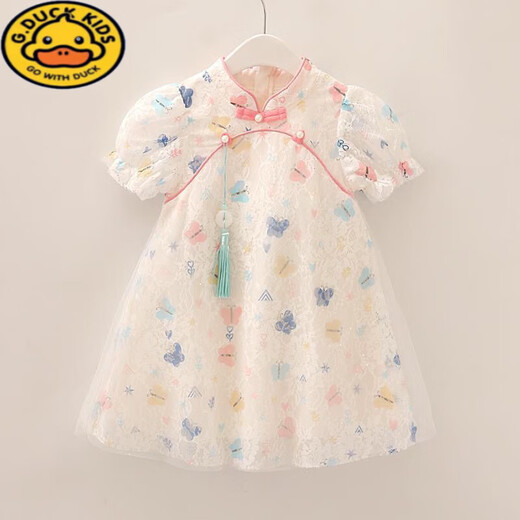 G.DUCKKIDS女童旗袍古风连衣裙夏季2025新款儿童装网红女宝宝中国风夏装汉服 蕾丝旗袍裙 白色 120 cm 建议身高105cm