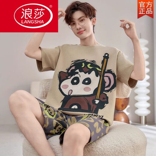 浪莎（LangSha）男士睡衣夏季纯棉短袖短裤薄款卡通青少年可外穿加大码家居服套装 6629熊猫 M 男款【80-100斤】