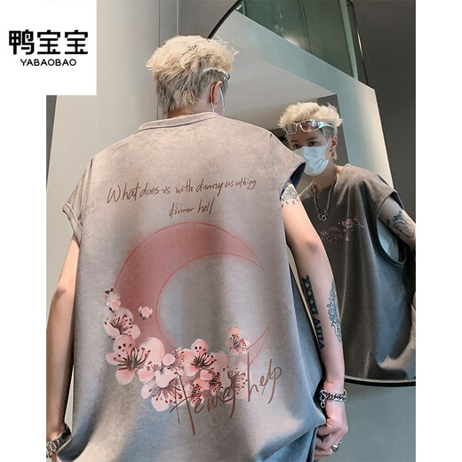 鸭宝宝美式潮流ins印花背心男夏季2024新款休闲情侣坎肩宽松圆领无袖T恤 H9904-黑色 M