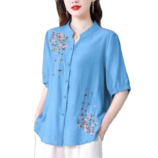 Jin Jiaoli Guangzhou Piting Woming's Shirt Summer Summer Mid-mane Algody and Lines Top for Women 2025 Nuevo bordado de estilo chino Madre para mujeres ropa Azul a 694 m alrededor de 108 Jin [Jin equivale a 0.5 kg]