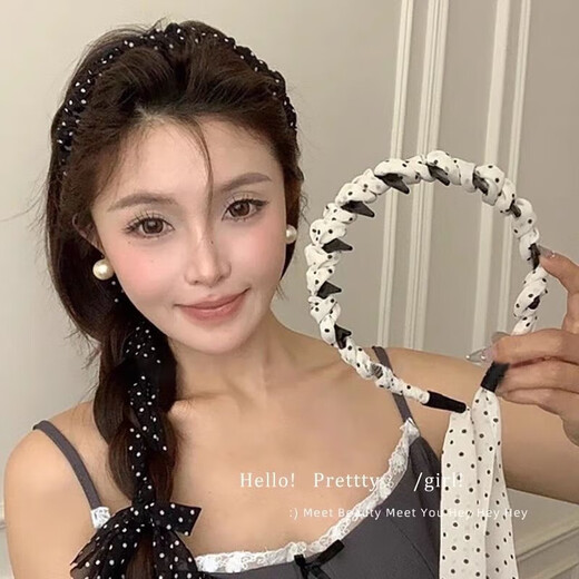 Fabric polka-dot headband for women 2025 new style winding headband hair band with teeth anti-slip hairpin headdress 2 polka-dot streamer all-in-one headband white