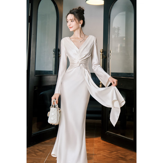 GJFD Guyue French twist satin high-end dress long-sleeved birthday white temperament slim fishtail dress light champagne L