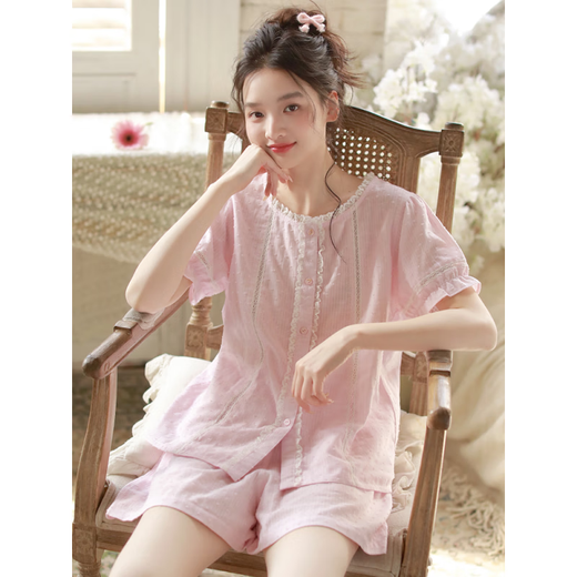 Langsha 2025 Neue Sommer-Frauen-Pyjama Kurzärmel-Shorts französische Gaze große Heimkleidung für Outdoor-Kleidung 3892 Pink Purple S (Empfohlen 85-98 Jin [Jin ist gleich 0,5 kg])