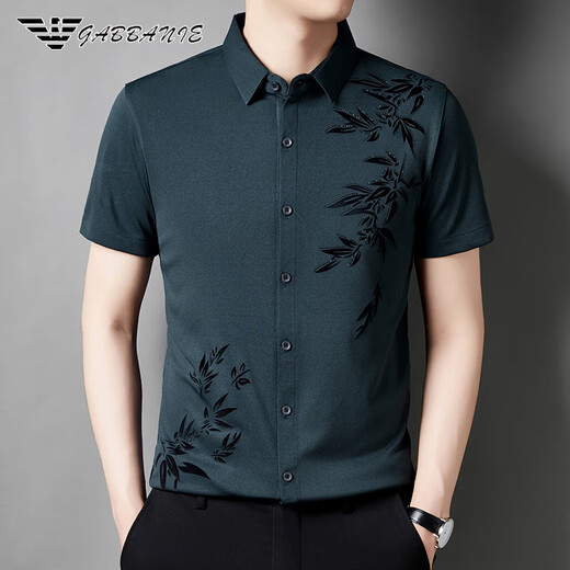 FALAMONE Armani men's short-sleeved shirt summer casual high-elastic mercerized cotton non-iron half-sleeved shirt for young and middle-aged people, trendy dark green 6628 style M 165 recommended 95-120 Jin Jin equals 0.5 kg