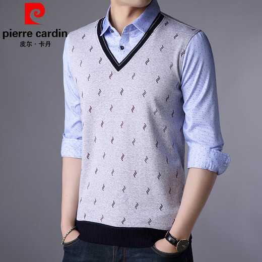 Pierre cardin brand men's fake two-piece long-sleeved T-shirt lapel spring and autumn new T-shirt with collar Korean shirt collar base shirt 3878 red 2XL 180/120/54