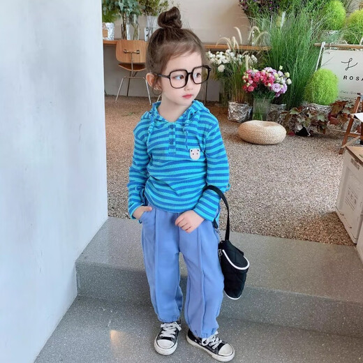 女小童套装秋装新款2025女宝宝韩版洋气连帽横条长袖卫衣休闲套装 TNZ-9928【蓝色】 90