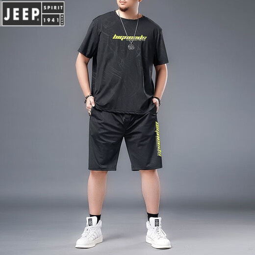 JEEP SPIRIT large-size ice silk sportswear suit for men in summer fat man plus fat plus larger quick-drying shorts shorts short sleeves T-shirt casual men's clothing black 826 set 2XL Recommended 140-160Jin [Jin equals 0.5 kg]