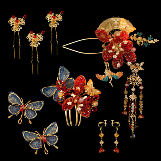 YWZR new age-reducing bridal headdress Xiuhe suit red and blue Chinese classical style flower tassel butterfly hairpin hair accessories headdress set (D0219)