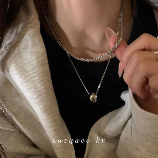 双层波光粼粼豆豆卫衣链女秋冬搭配项链毛衣链时尚洋气长款配饰潮 1条银色双层圆环吊坠项链