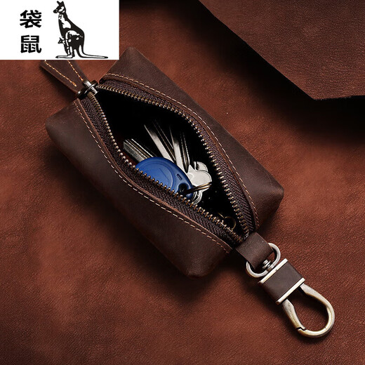 Kangourou de grande capacité Crazy Horse en cuir clés sac rétro couche de tête clé en cuir couvercle zipper vêtements en cuir authentique clés sac Coffee Couleur