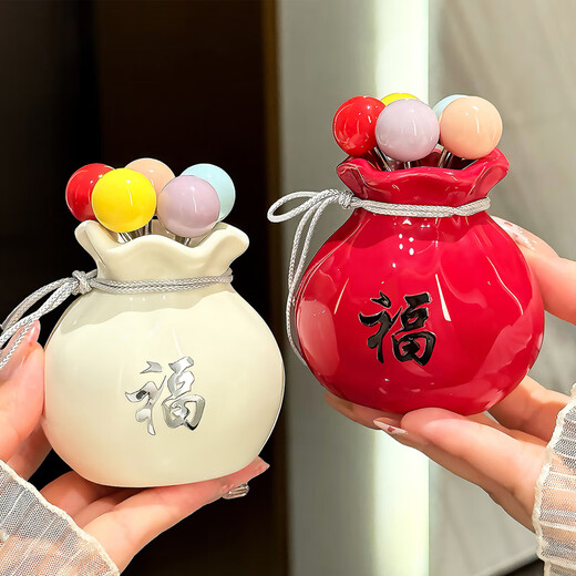 BSD fruit fork ceramic storage jar fruit fork dessert fork household fruit fork fruit pick cake fork creative ornaments ceramic lucky bag storage jar + fruit fork (red)