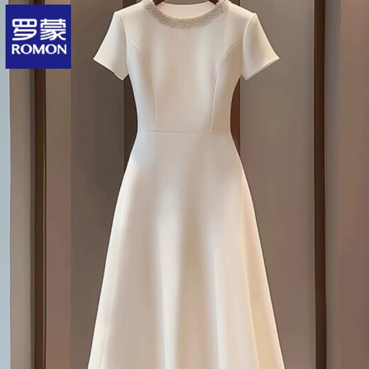 ROMON French slimming temperament light luxury high-end white dress summer new slimming waist small fragrant a-line skirt white L suitable for 107-116 Jin Jin equals 0.5 kg