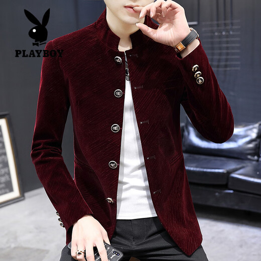 Playboy (PLAYBOY) Stand Collar Casual Suit Men's Korean Style Trendy Tunic Men's Youth Small Suit Spring and Autumn Top Men's Jacket 1898 Black Velvet XL 175