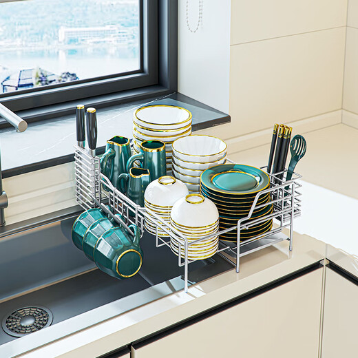 Jijian Space Kitchen Bowl Rack Drain Rack Countertop Multi-function Pool Place chopsticks Water Cup Storage Rack Tableware Bowl Dish Storage Rack M688 Small Single Layer Silver Gray 47CM No Pendant