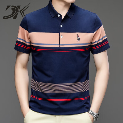 DK Brand Herren-Kurzärärmel-T-Shirt für die Sommer-Streifen von Männern Casual Einfache junge und mittlere vielseitige Polo-Hemd halbärmelte 3523 Blue M.