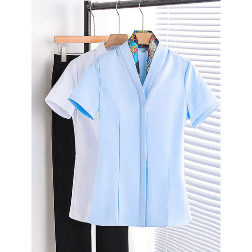 AJLD Flugbegleiter Interview Shirt V-Neck Blau kurzärmelig weibliche Temperament Stewardess Uniform Arbeitskleidung Karrierehirne Karriere Anzug KL9922 Langsalzes weißes Hemd 80jin [Jin entspricht 0,5 kg] ~ 89jin [Jin gleich 0,5 kg]