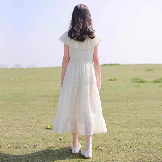 Vestido de niñas Summer 2025 Nuevo estilo para niñas Corea Coreana Corea Corea Princesa Vestido de vacaciones para niños Vacaciones largas Summer Off White 160
