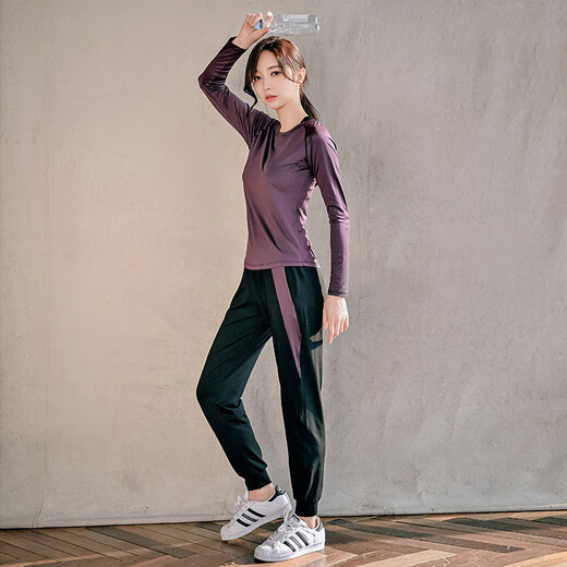 Nobana fitness sports suit Pilates women's loose long-sleeved sports running quick-drying clothing breathable yoga practice clothing purple short-sleeved + purple trousers M