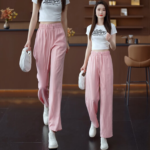 黛姿茹天丝亚麻阔腿裤女夏季薄款2025新款宽松直筒休闲裤子轻薄透气女裤 粉色 3XL (31) 推荐135-145斤