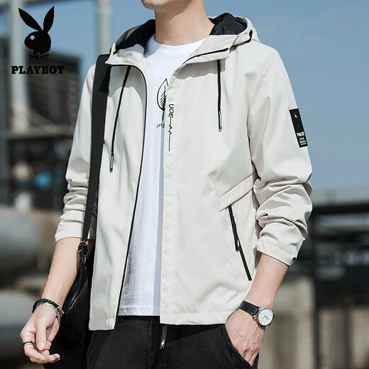 Playboy (PLAYBOY) autumn jacket for men 2025 new autumn hooded youth loose jacket short solid color jacket K12131 gray 2XL [recommended 150-165Jin [Jin equals 0.5 kg]]