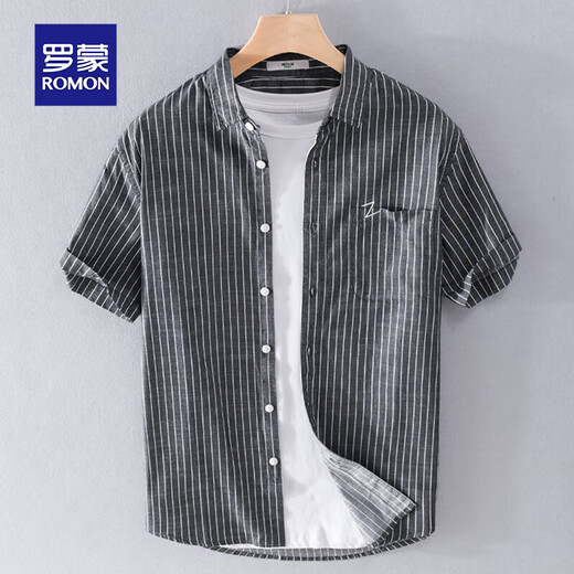 Luo Meng camisa a rayas para hombre, camisa holgada de manga corta de verano, camisa informal japonesa fina que combina con todo, ropa de verano para hombre 9740 negro 2XL