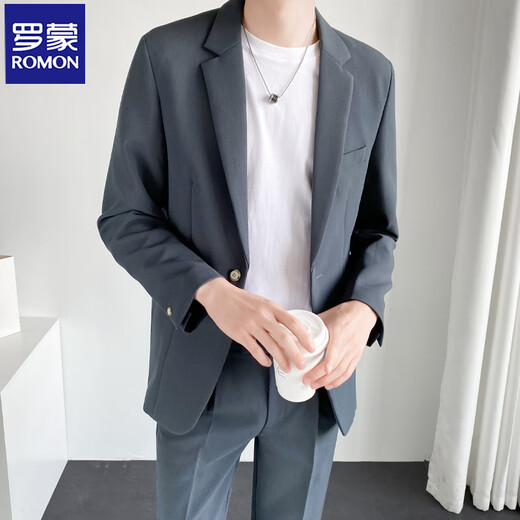 ROMON casual suit suit for men in spring and autumn, loose formal wear, high-end Korean style wedding dress, drapey trendy suit jacket, gray blue, three-piece suit, pants + T-shirt XL