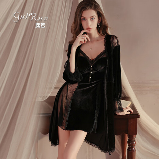 Gui Ruo (Gui ruo) Gui Rui Robe sexy Pyjamas Pure et lubrique Lace Deep V Plus poitrine Pad Nightgown Robe 3879 Black (robe extérieure + ceinture, taille unique