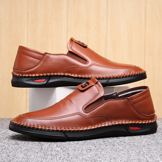 ABAY spring and autumn men's shoes genuine leather casual shoes middle-aged and elderly lazy shoes round toe soft sole leather shoes men's versatile 12188 brown 42