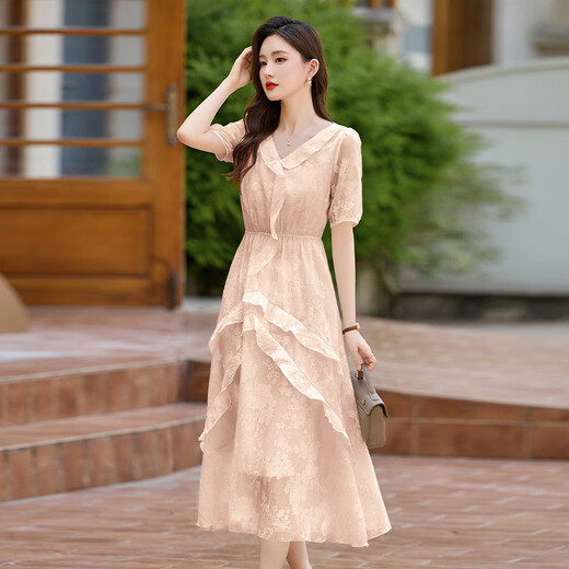 Ehangy Light Luxury Brand Dress for Women 2025 Summer New Design and Vacation Style Fashion Jacquard A-Line Skirt Pink M