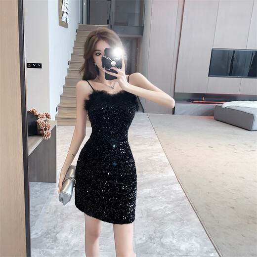 浮夏亮闪闪吊带连衣裙法式羽毛包臀裙赫本风亮片黑色小礼裙子年会礼服 黑色【9926-1】 2XL