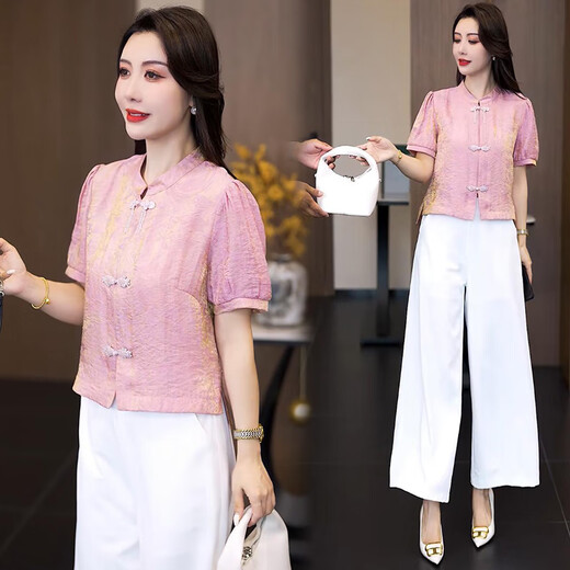 Xin Yimei's new Chinese style shirt for women in 2025 summer new style small and stylish slim squid short-sleeved jacquard shirt rose red top L [105-115Jin[Jin equals 0.5 kg]]