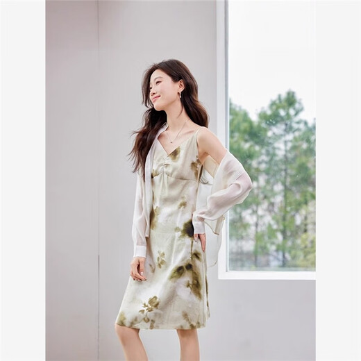 SI JIE SHANGHAI ENDI Ropa Han Duoyi vestida de suspensión para mujeres temperamento a mitad de longitud impresa año 9923 vestido amarillo s