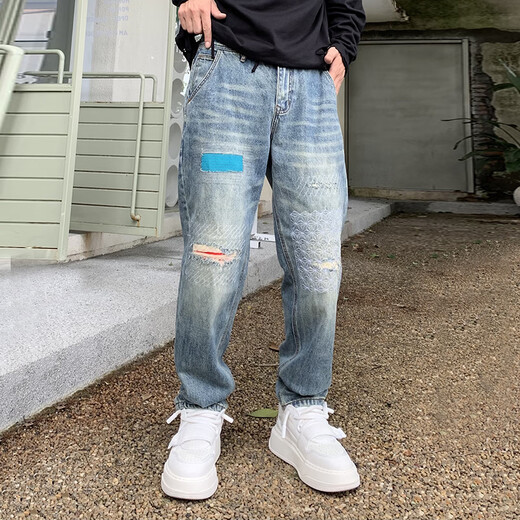 魅耀春秋季美式休闲痞帅涂鸦印花复古牛仔裤男直筒宽松阔腿拖地老爹裤 深卡其布色 9227宽松直筒 29 110-120斤