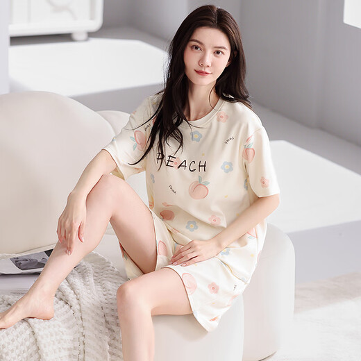 
Fenten pajamas for women's summer thin pure cotton short-sleeved large size loose outdoor home clothing set Apricot color L
