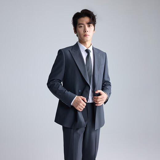 Lilang Youth Business Men's Double-breasted Suit Men's Lapel Lapel Striped Suit Commuting Formal Two-piece Set Navy (2SA) 175A