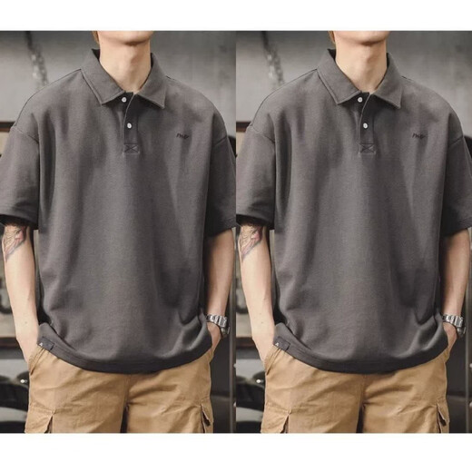 Camisa de solapa japonesa de UKUHPK Camisa de algodón de manga corta de manga corta y versátil Tendencia de cuello suelto G691 Black + Gray M [sugerido 90-110Jin [Jin iguala 0.5 kg]]]