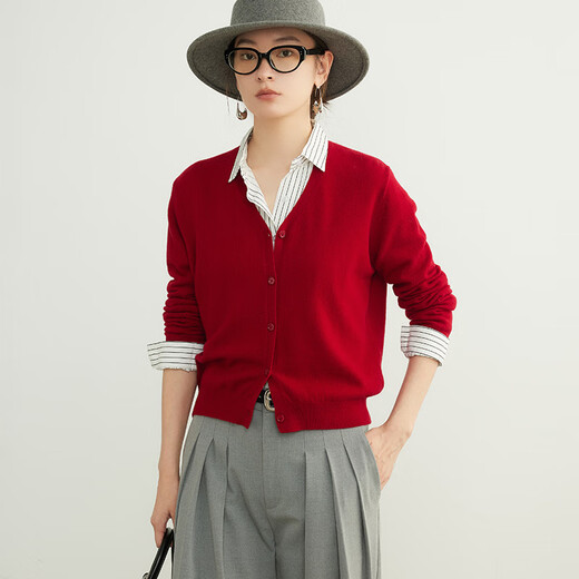 ROMON sweater women merino 100% wool 2025 spring and autumn new style V-neck sweater jacket women layered top Space red L