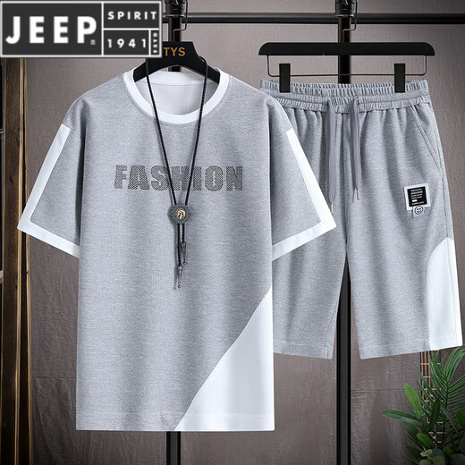 Jeep Spirit Men's Summer Suit Waffle Handsome Men's Short à manches courtes associés à un ensemble de vêtements de sport décontractés à la mode. DT636 blanc [manches courtes + shorts] m (100-115Jin [Jin est égal à 0,5 kg])