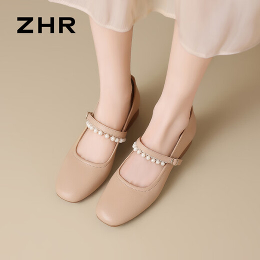 ZHR Mary Jane shoes for women in summer thick heel real cowhide pearl women's shoes temperament versatile single shoes for women AH692 apricot color 35