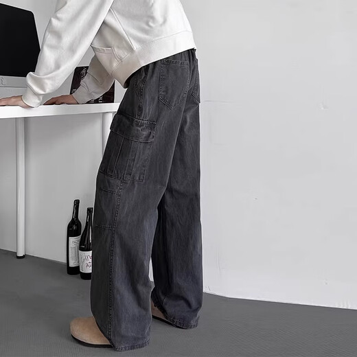 Muwei American retro workwear casual pants for men 2025 autumn and winter new loose straight wide leg trendy and versatile long pants dark gray XL recommended 130-150Jin Jin equals 0.5 kg
