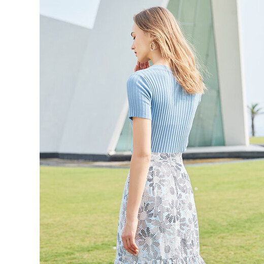 
Yanyu women's summer 2019 new European and American V-neck short-sleeved thin sweater slim and versatile short top for women blue S